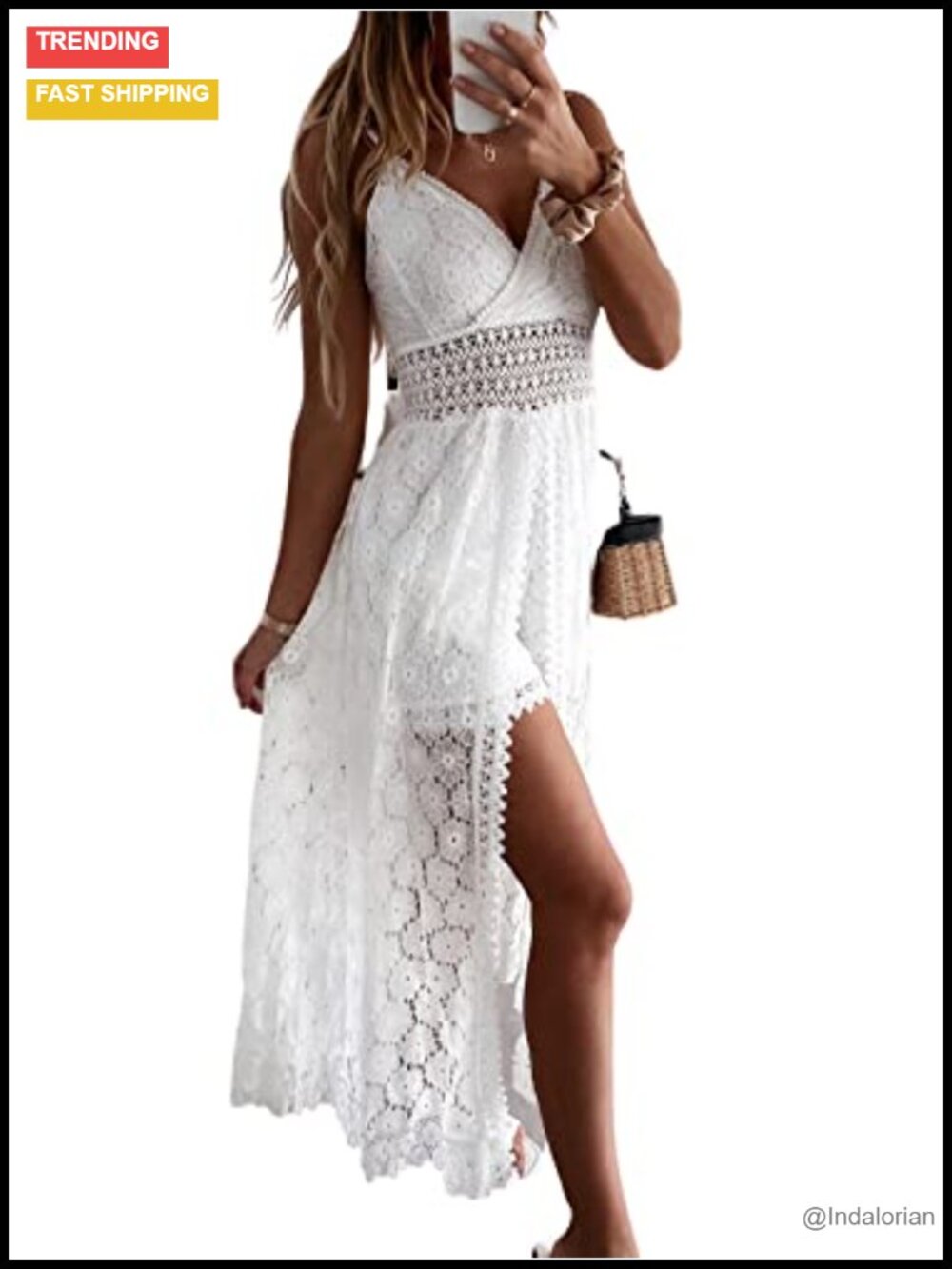 Lace Smocked Maxi Jumpsuit V-Neck Sleeveless High-Low Beach Vacation